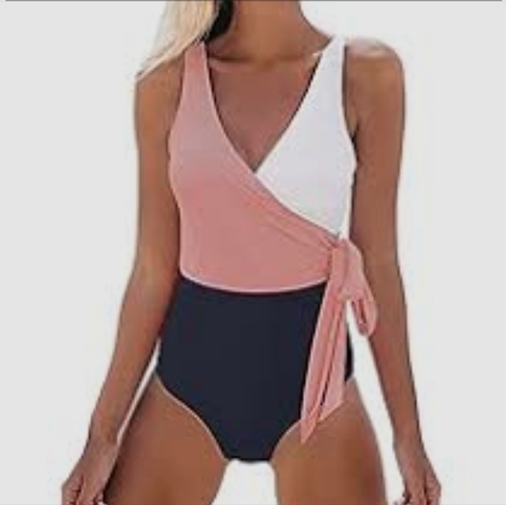 Women's One Piece Swimsuit Wrap Color Block Tie Side Bathing Suit